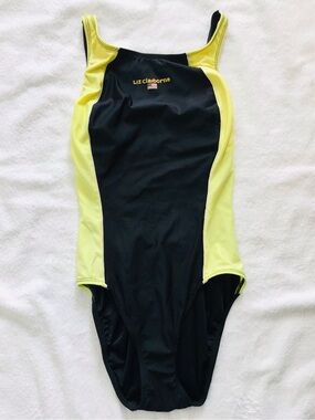Vtg Liz Claiborne One Piece Swimsuit Size 8 Team USA Black and lime yellow.